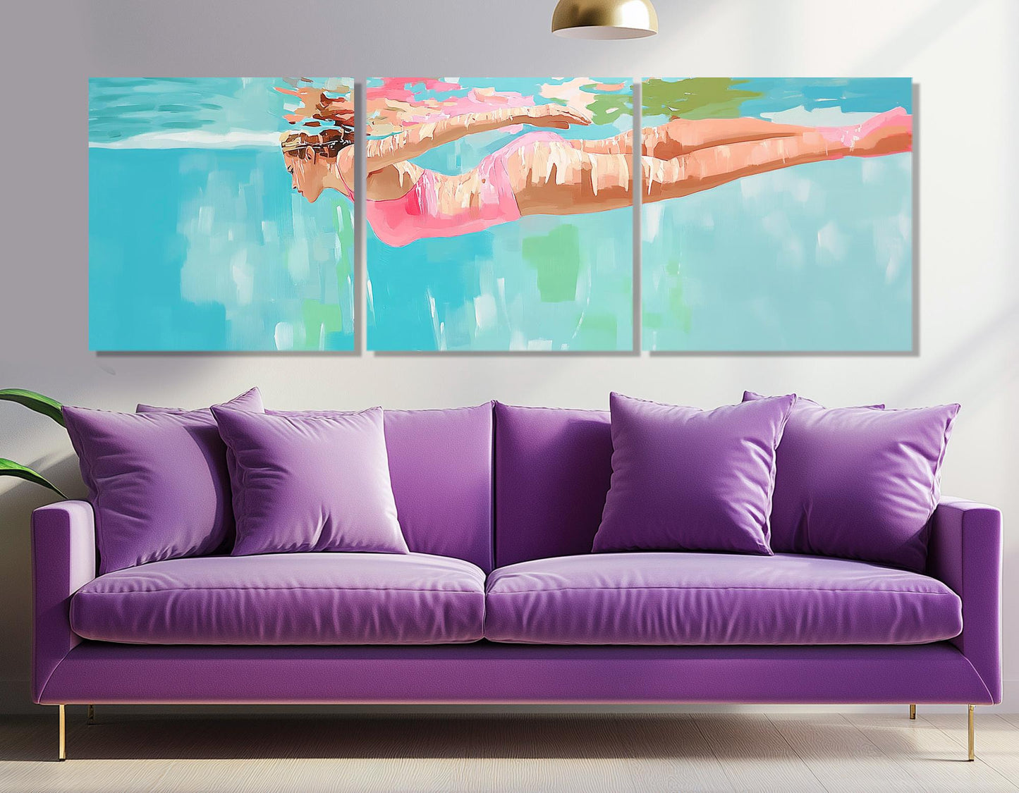 Swimming Wall Art – Lady Swimming Painting Framed Canvas Print, Poolside Decor