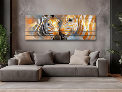Golden Zebra Couple Print on Wood, Rustic Romantic Wall Decor