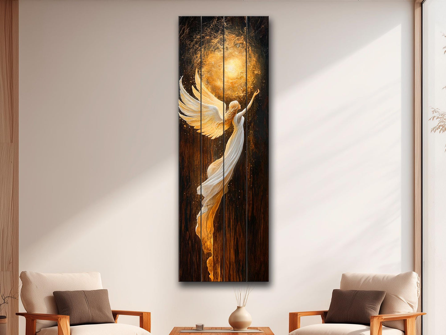 Wood Wall Art – Glowing Angel in White and Gold Robes – Rustic Spiritual Print, Christian Wall Art, Religious Wall Decor