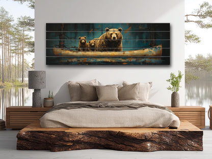Grizzly Bear Wall Art – Rustic Wood Plank Print with Bear Family Nature Decor