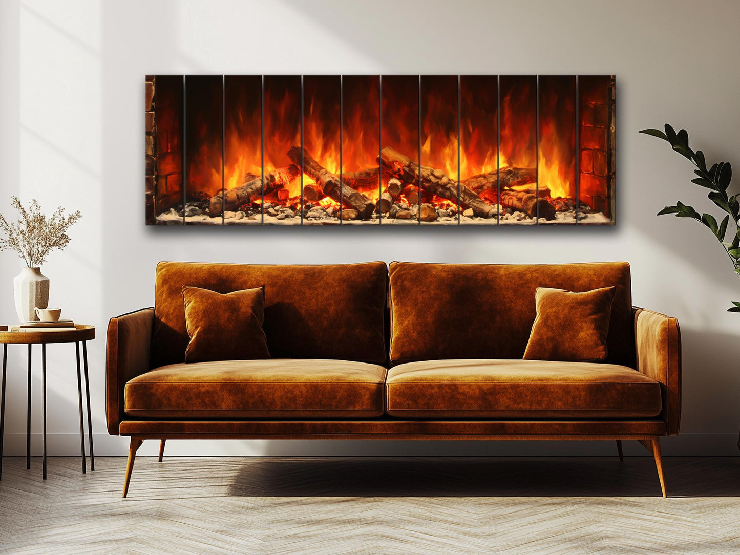 Fireplace Print on Natural Wood – Rustic Wall Art Home Decor