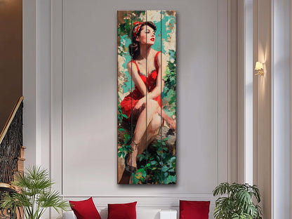 Pin Up Wood Print - Vintage Wall Art on Rustic Wood Plank with Forest Scene