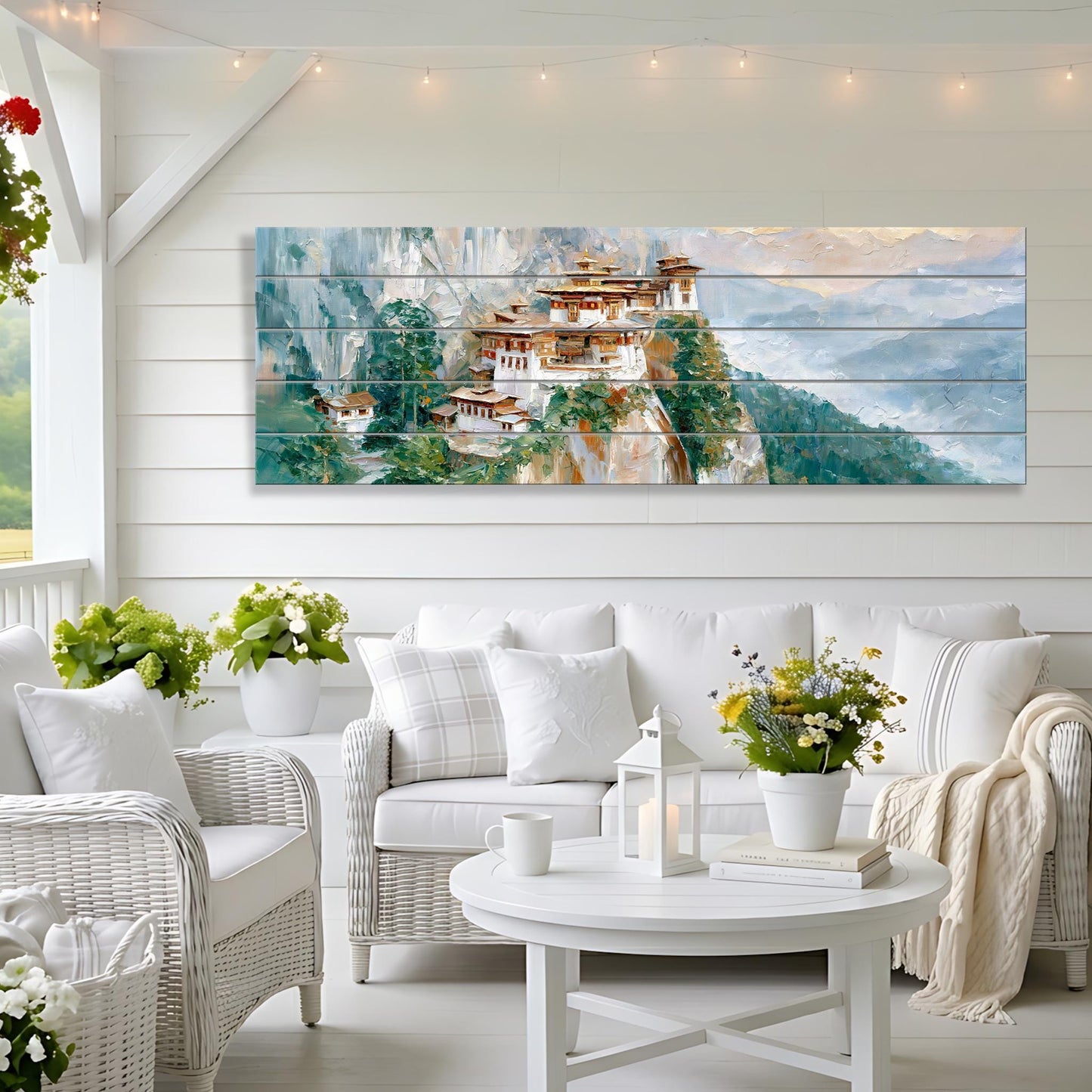 a cozy living room with a white sofa, a round coffee table, and a large painting of a mountain village hanging on the wall.