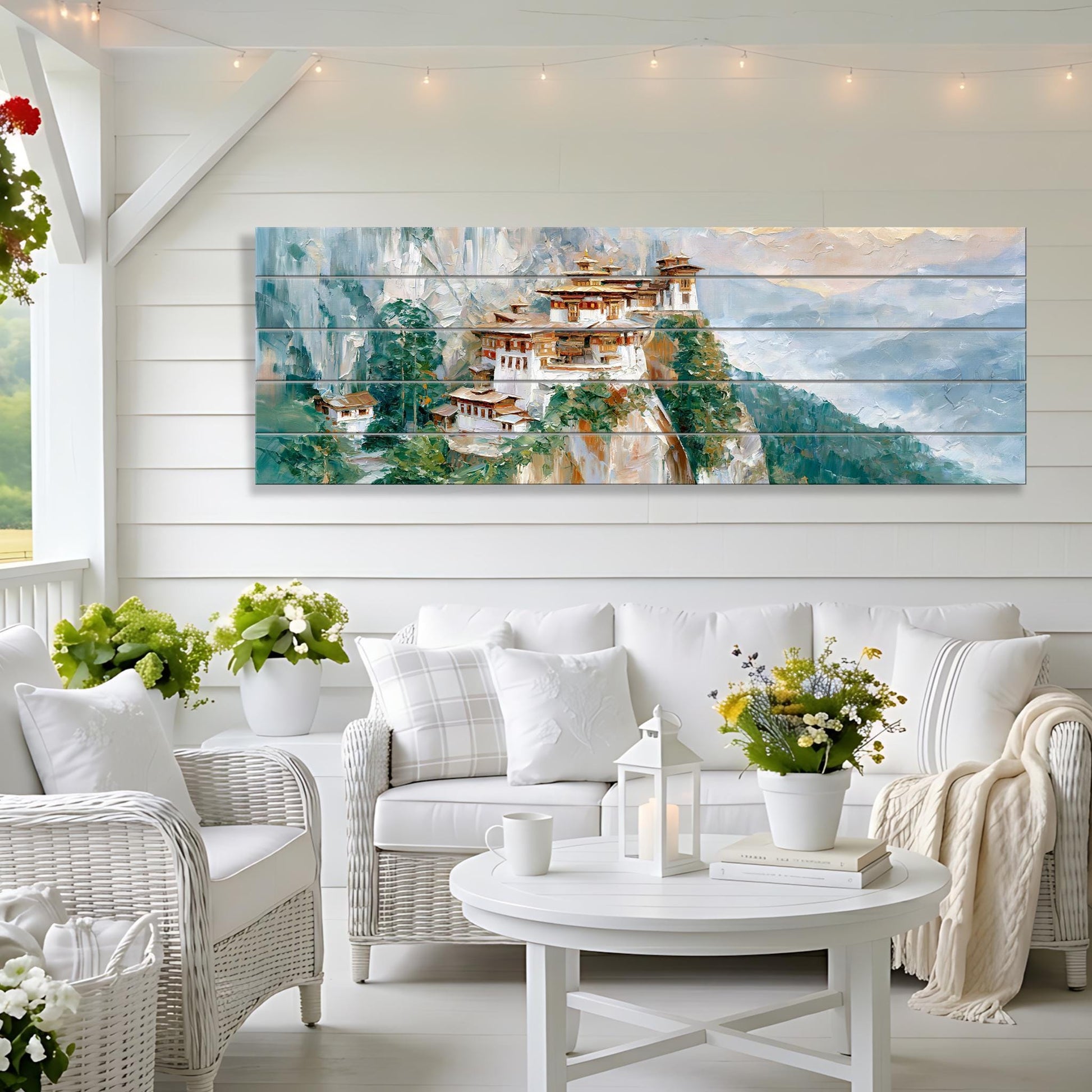 a cozy living room with a white sofa, a round coffee table, and a large painting of a mountain village hanging on the wall.