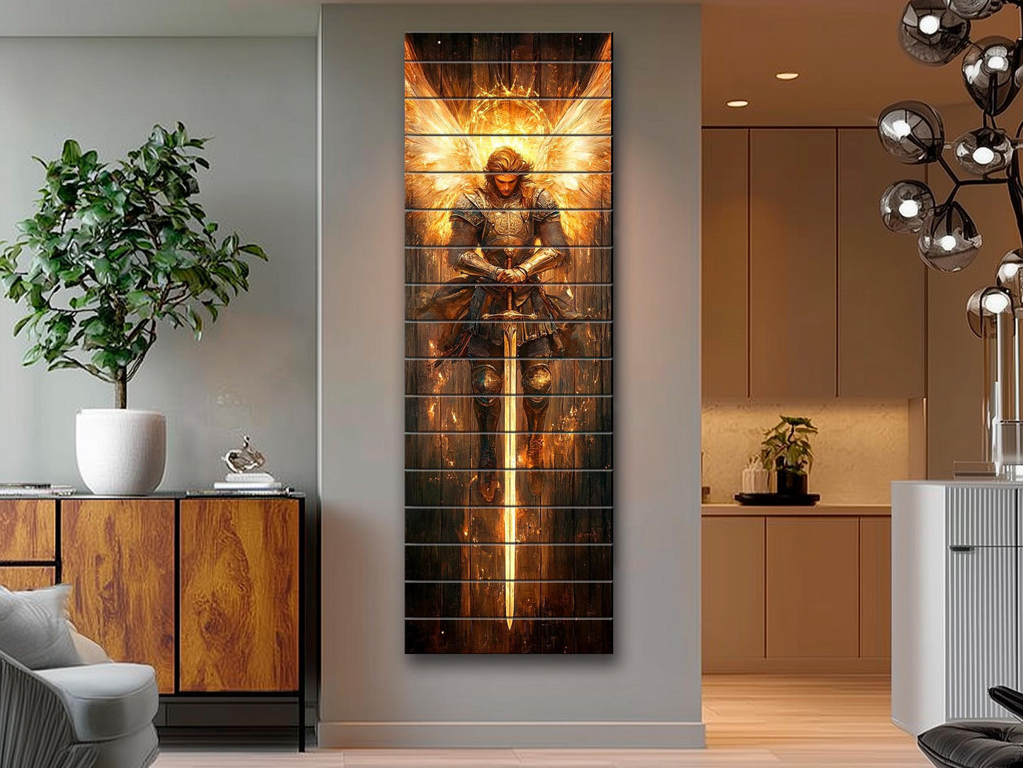Saint Michael the Archangel Painting Printed on Natural Wood – Rustic Religious Print, Christian Wall Decor, Religious Wall Art