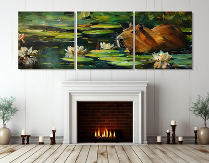 Capybara in the Lake with Water Lilies Painting Canvas Print, Modern Wall Art, Abstract Capybara Painting, Framed and Ready to Hang
