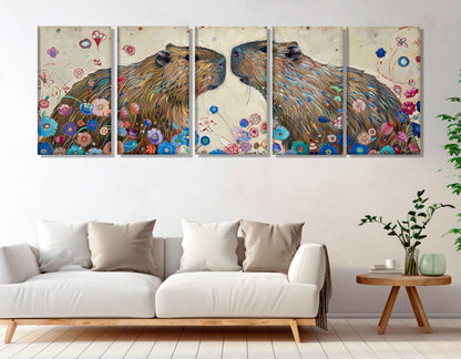 Capybaras Couple Painting - Romantic Wall Art | Framed Canvas Print Ready to Hang