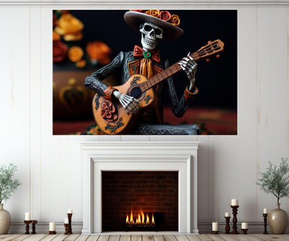 Skeleton Guitar Canvas – Framed Canvas Print | Day of the Dead Wall Art Decor