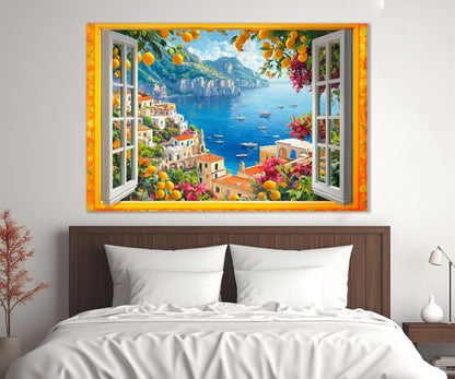 Open Window with Amalfi Coast Canvas Print, Amalfi Painting, Window to Italy, Amalfi Wall Art, Framed and Ready to Hang