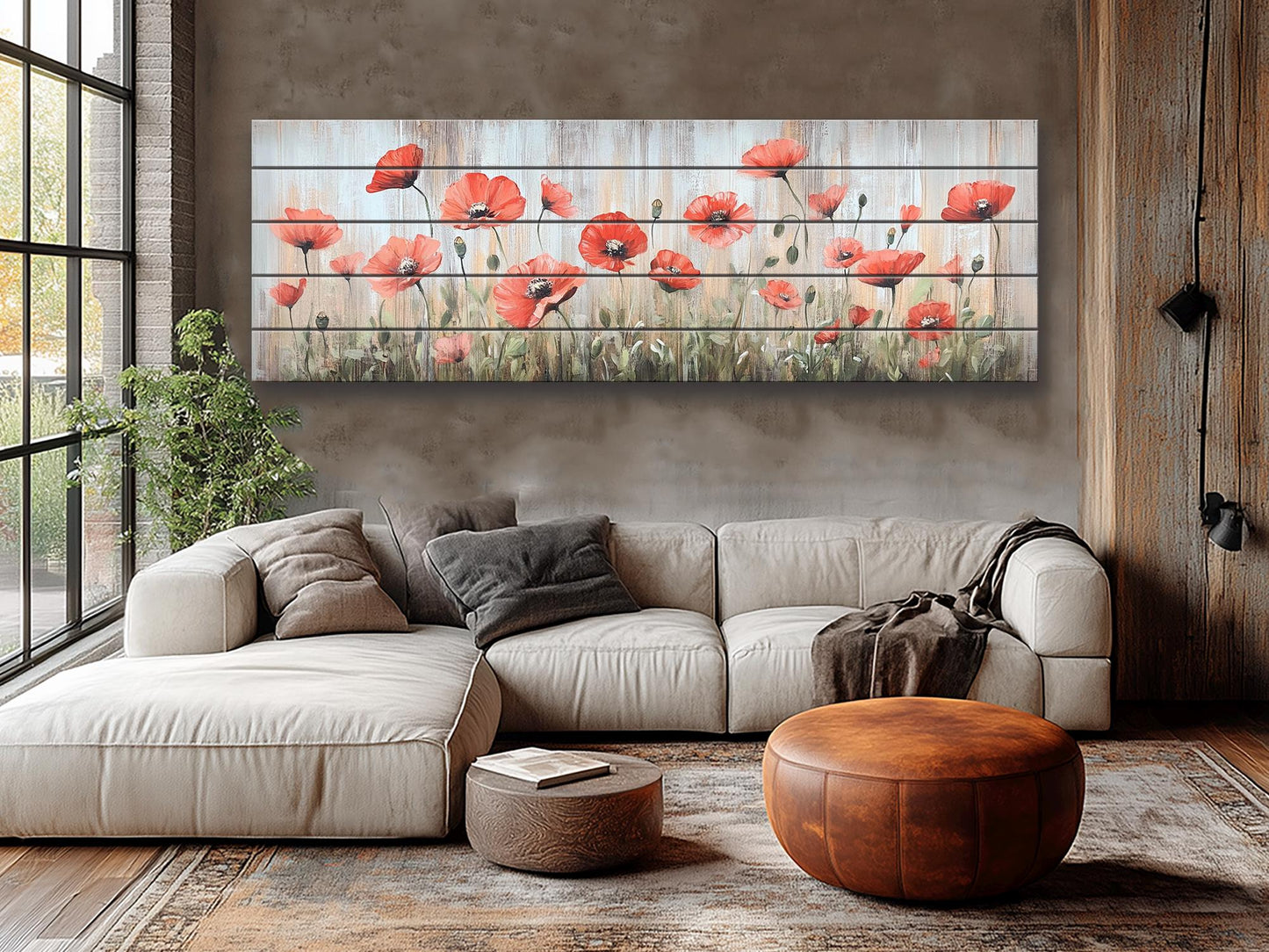 Wood Wall Art – Whimsical Field of Wild Poppies Dancing in the Breeze, Poppies Wall Art, Rustic Floral Wall Decor