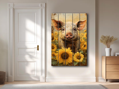 Rustic Wooden Wall Art – Pig In Sunflower Field Wood Plank Print With Fade Resistant Colors