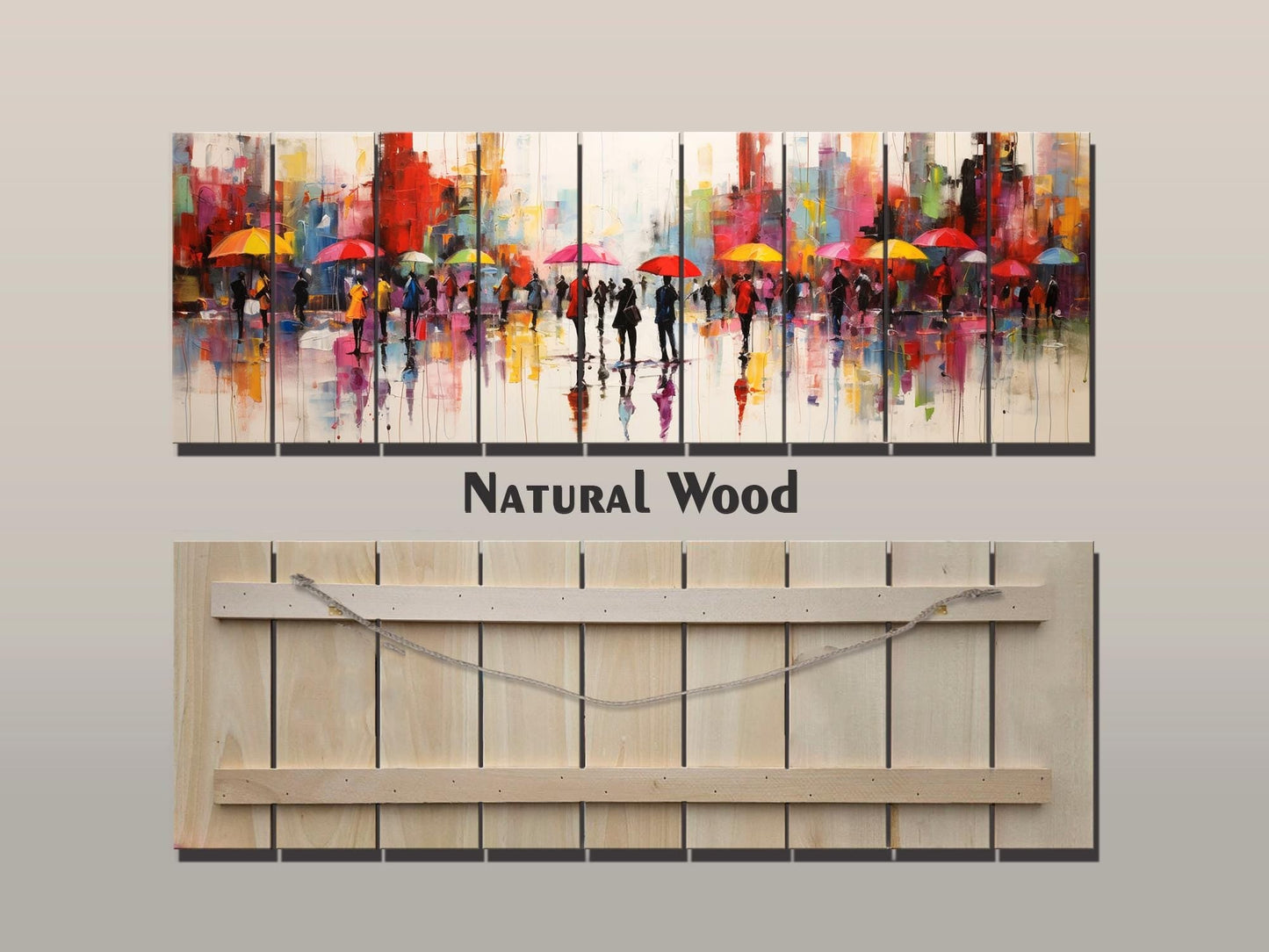 Wooden Wall Art – Abstract Rainy City Print on Natural Wood Planks | Colorful Decor
