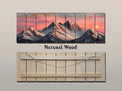 Mountain Landscape at Sunset with Snow-Capped Peaks Print on Natural Wood, Mountains Sunset Painting, Mountains Rustic Wood Wall Art