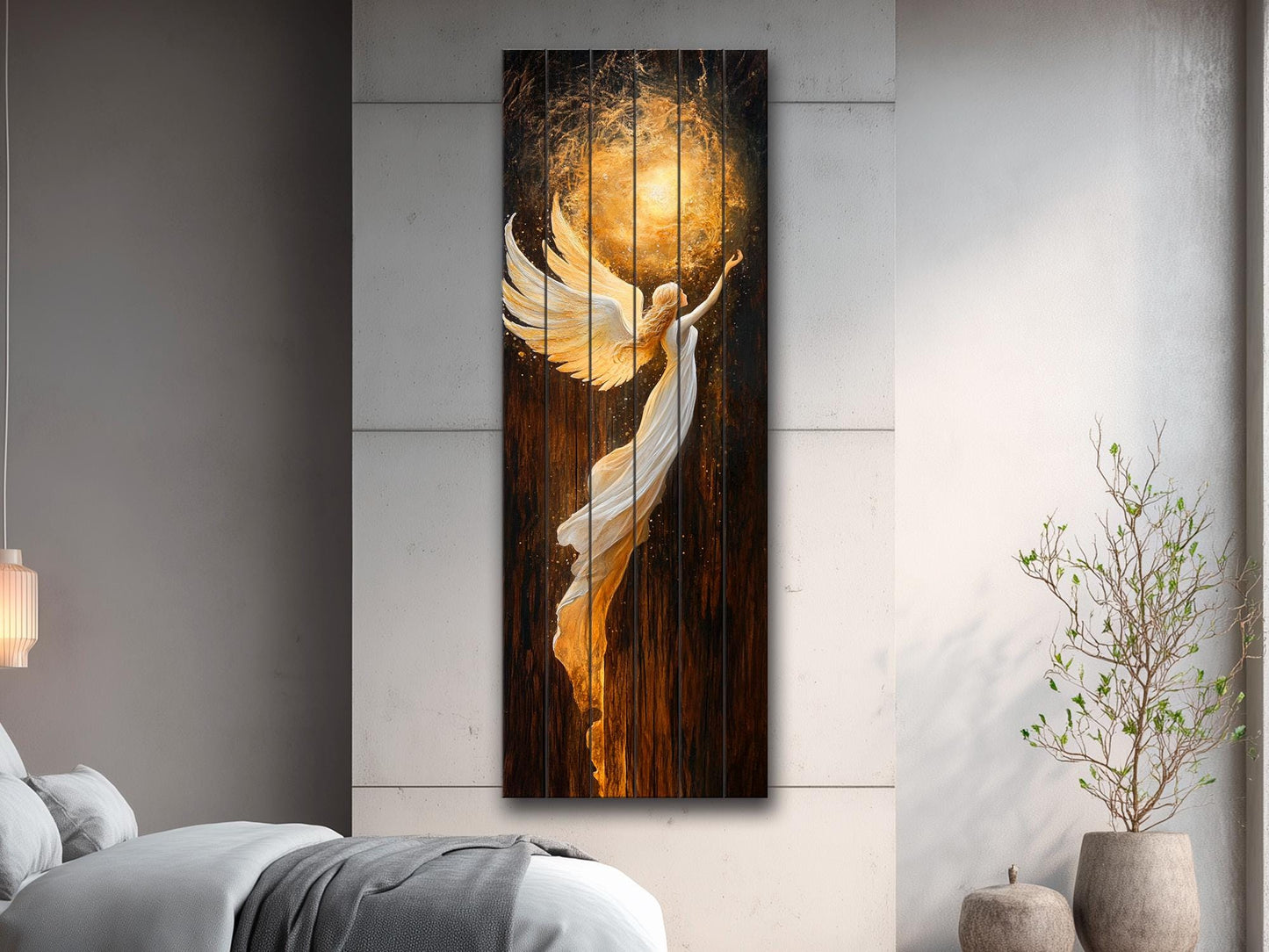 Wood Wall Art – Glowing Angel in White and Gold Robes – Rustic Spiritual Print, Christian Wall Art, Religious Wall Decor
