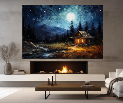Moonlit Cabin Canvas – Rustic Wall Art | Starry Night Canvas Framed Print