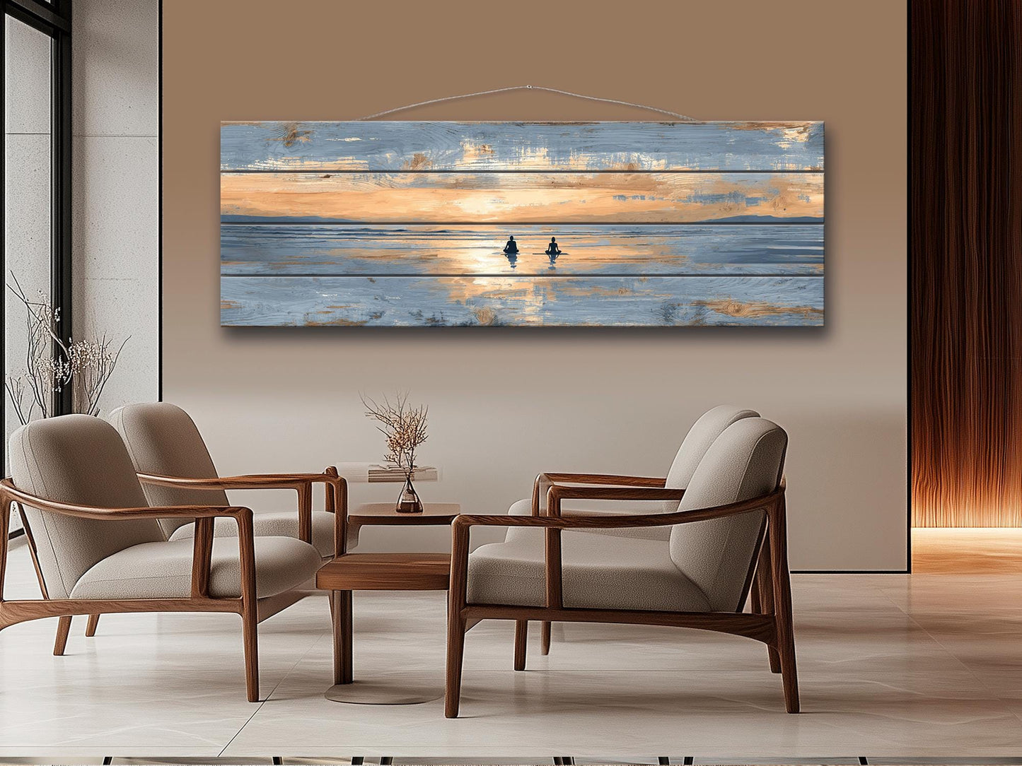 Sunrise Beach Yoga Print – Natural Wood Wall Art | Coastal Yoga Decor