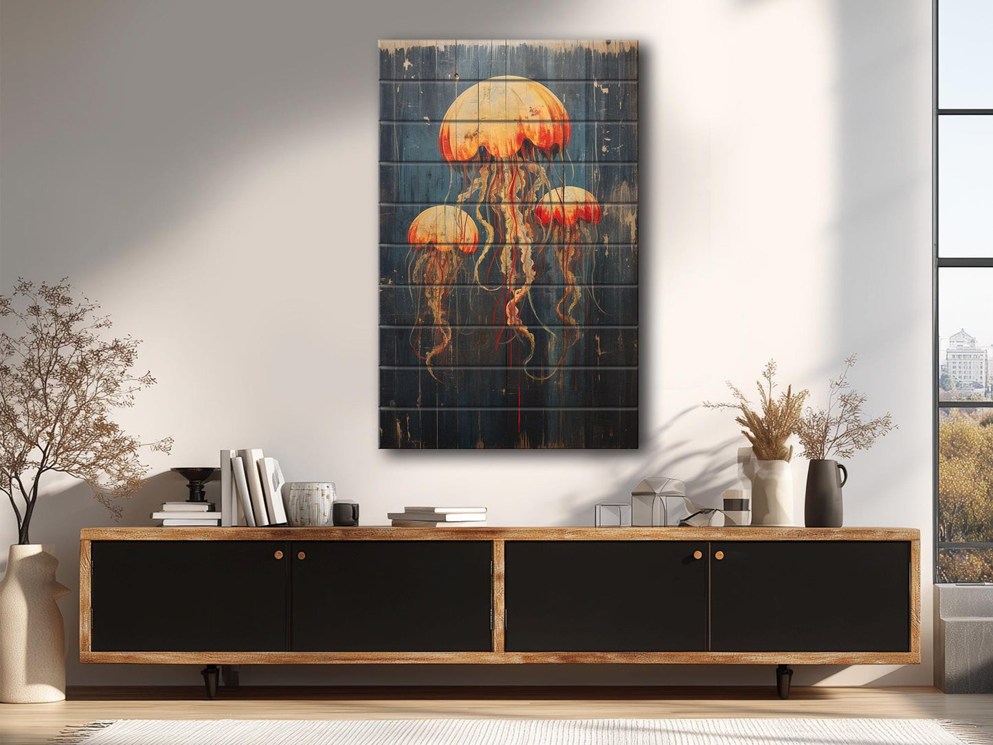 Jellyfish Wall Art – Rustic Wood Decor | Unique Natural Wood Print