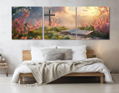 Religious Wall Art – Bible Canvas Print with Cross Canvas Art | Framed Ready to Hang