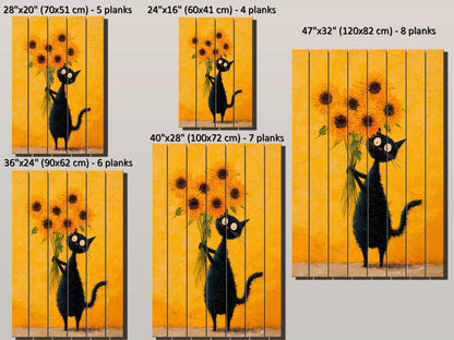 Wood Wall Art – Black Cat Painting with Sunflowers | Minimalist Rustic Decor