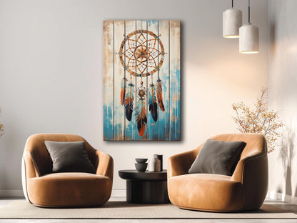 Dreamcatcher Wood Art – Native American Boho Wood Print on Natural Plank