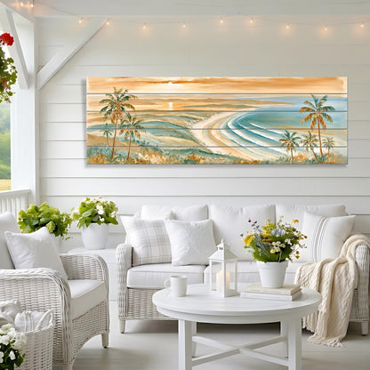a cozy living room with a large painting of a beach scene hanging on the wall. The painting features palm trees, a sunset, and a body of water. The room is furnished with a white sofa, wicker chairs, and a coffee table with a vase of flowers. The overall atmosphere of the room is warm and inviting, with the painting serving as a focal point.