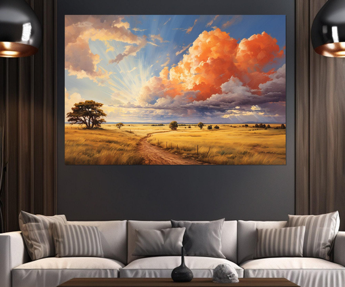 Rustic Landscape Canvas Print – Scenic Field Painting with Golden Autumn Decor