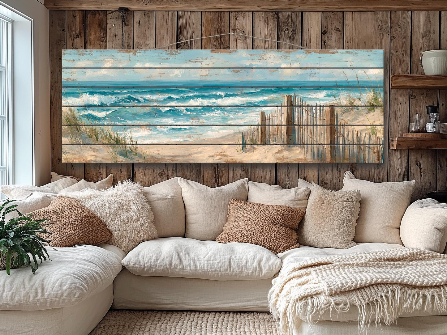 Wood Wall Art – Scenic Beach Wall Decor with Driftwood Fence & Sandy Dunes Print
