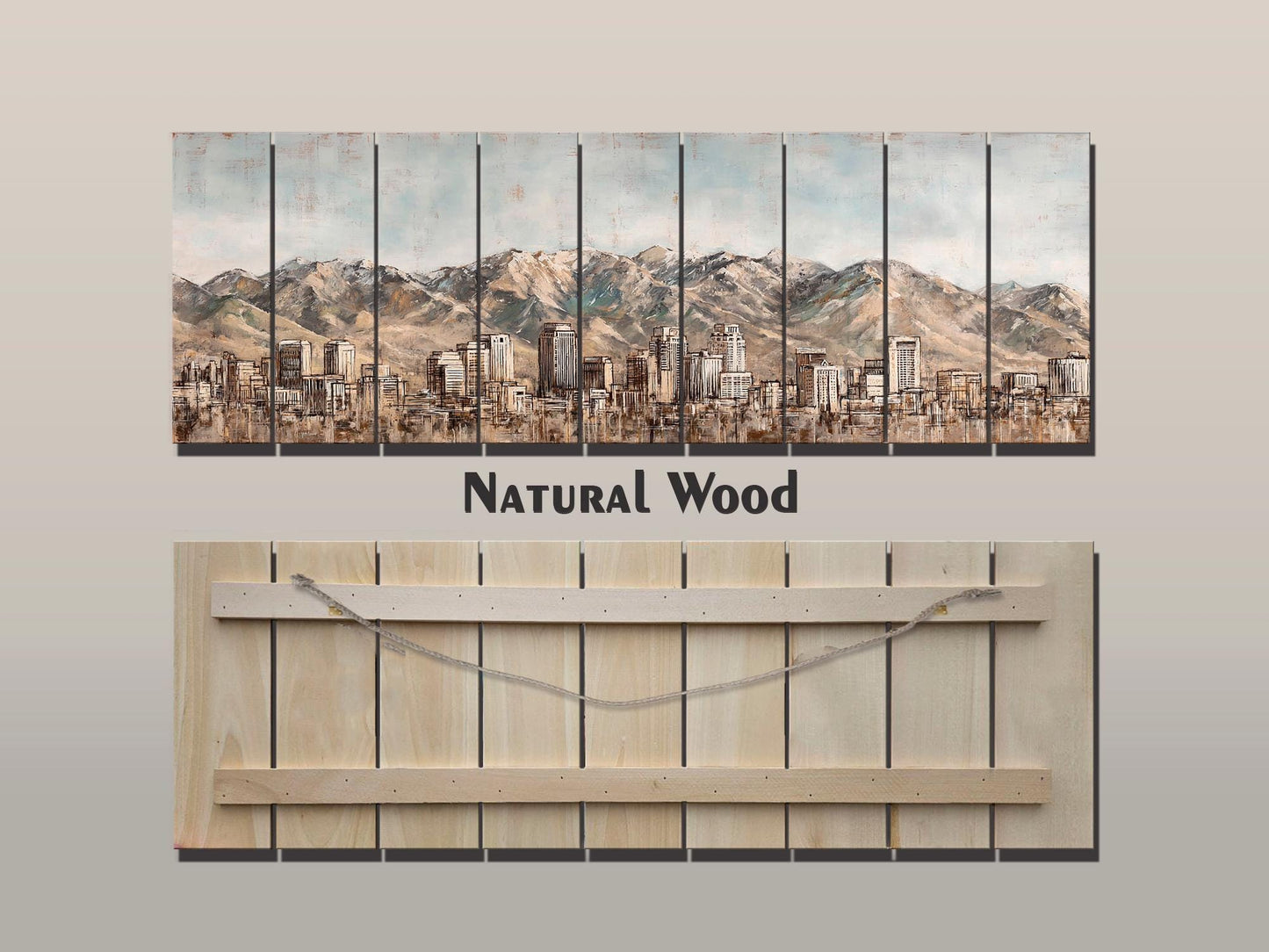 Salt Lake City Wood Print – Rustic Wall Art | Mountain Panoramic Painting On Distressed Wood