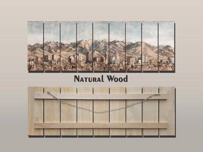 Salt Lake City Wood Print – Rustic Wall Art | Mountain Panoramic Painting On Distressed Wood