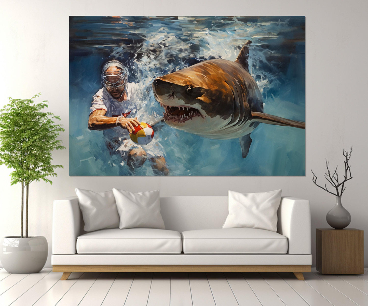 Water Polo Canvas Print – Abstract Water Polo Wall Art with Shark, Framed & Ready to Hang