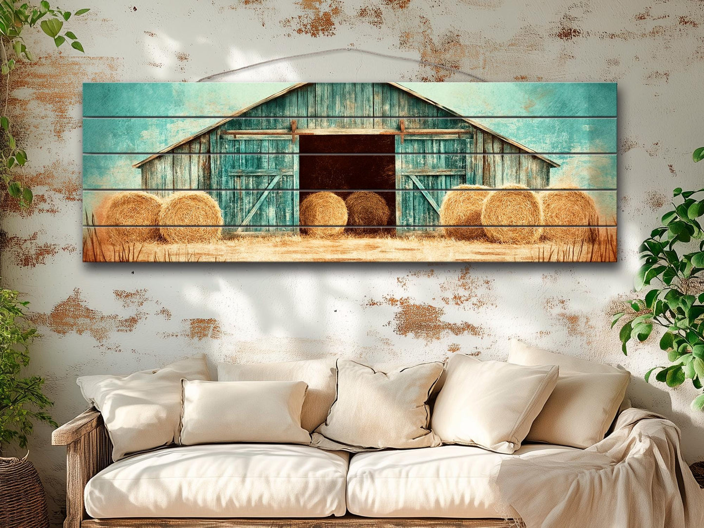 Rustic Barn Wall Art – Handcrafted Wood Plank Print with Hay Bales for Cozy Farmhouse Decor