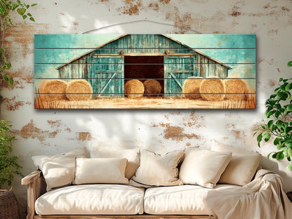 Rustic Barn Wall Art – Handcrafted Wood Plank Print with Hay Bales for Cozy Farmhouse Decor