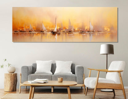 Yacht Canvas Print – Framed Sailing Wall Art With Abstract Sailboats and Sunset