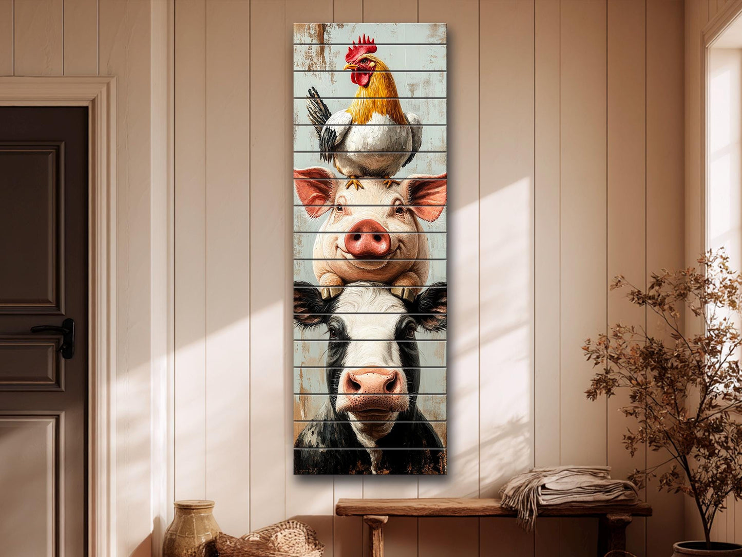 Farm Animal Wall Art – Rustic Farmhouse Decor Wooden Farm Print on Wood Planks