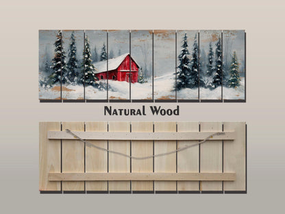 Peaceful Snowy Landscape with Red Barn and Pine Trees Print on Natural Wood, Rustic Cabin Wall Decor, Winter Forest Wall Art, Wood Wall Art