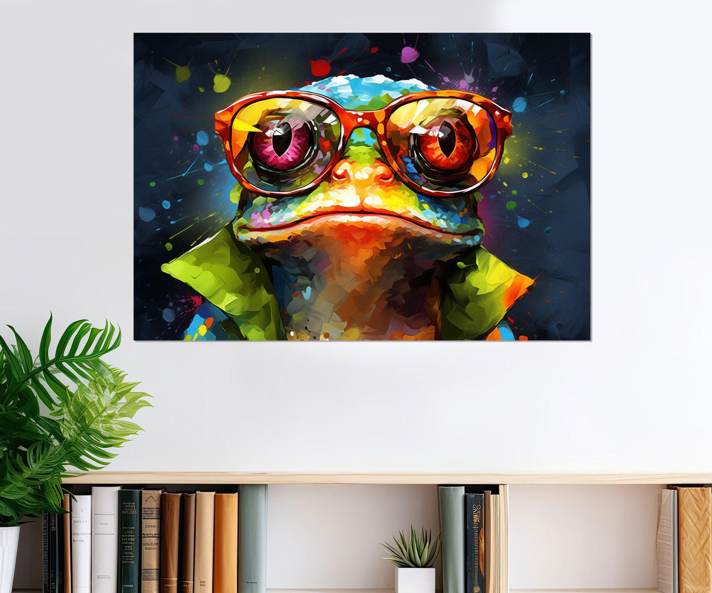 Frog in Glasses Abstract Painting Canvas Print, Teen Room Decor, Nursery Wall Art, Animals Wall Art, Framed and Ready to Hang
