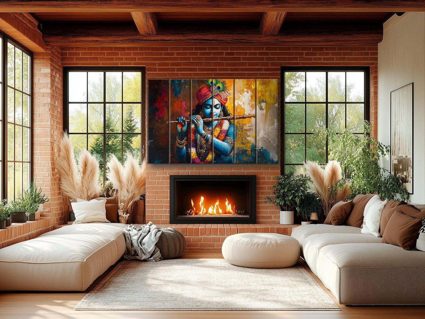 Lord Krishna with Flute Print on Natural Wood, Indian Hindu God Painting, Rustic Indian Wall Art, Lord Krishna Painting, Wood in Interior