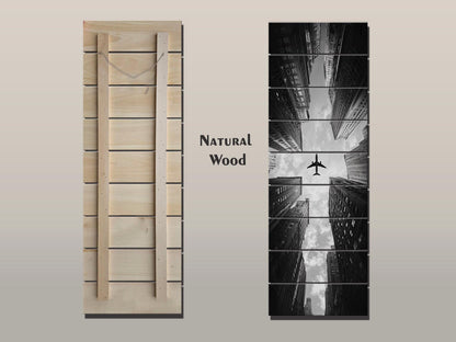 Airplane Print on Wood – Black and White Cityscape Wood Print | Urban Wall Decor