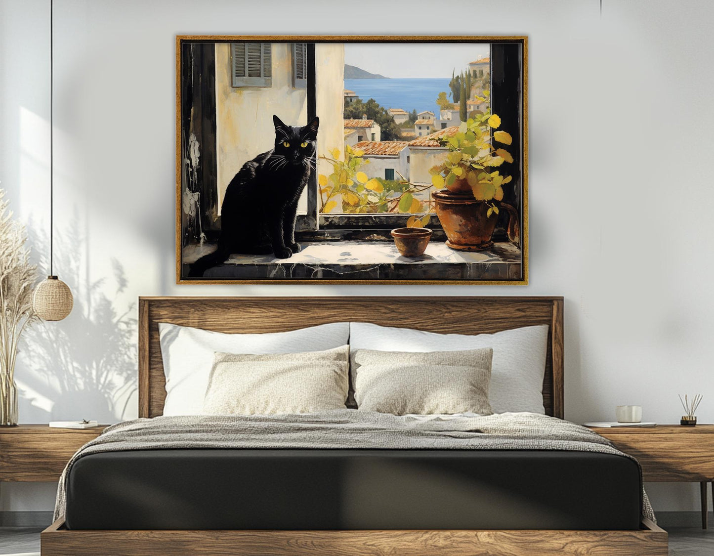 Mediterranean Canvas Print – Black Cat Window View | Italian Cat Painting, Framed Art