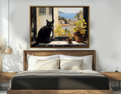 Mediterranean Canvas Print – Black Cat Window View | Italian Cat Painting, Framed Art