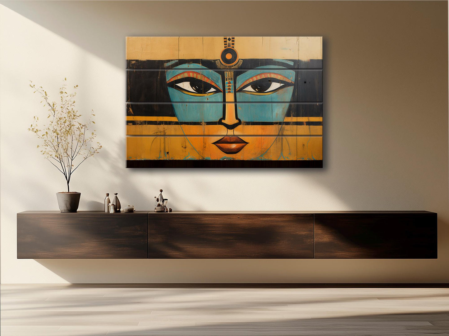 Egyptian Art Print | Retro Abstract Wooden Wall Art on Natural Wood Planks