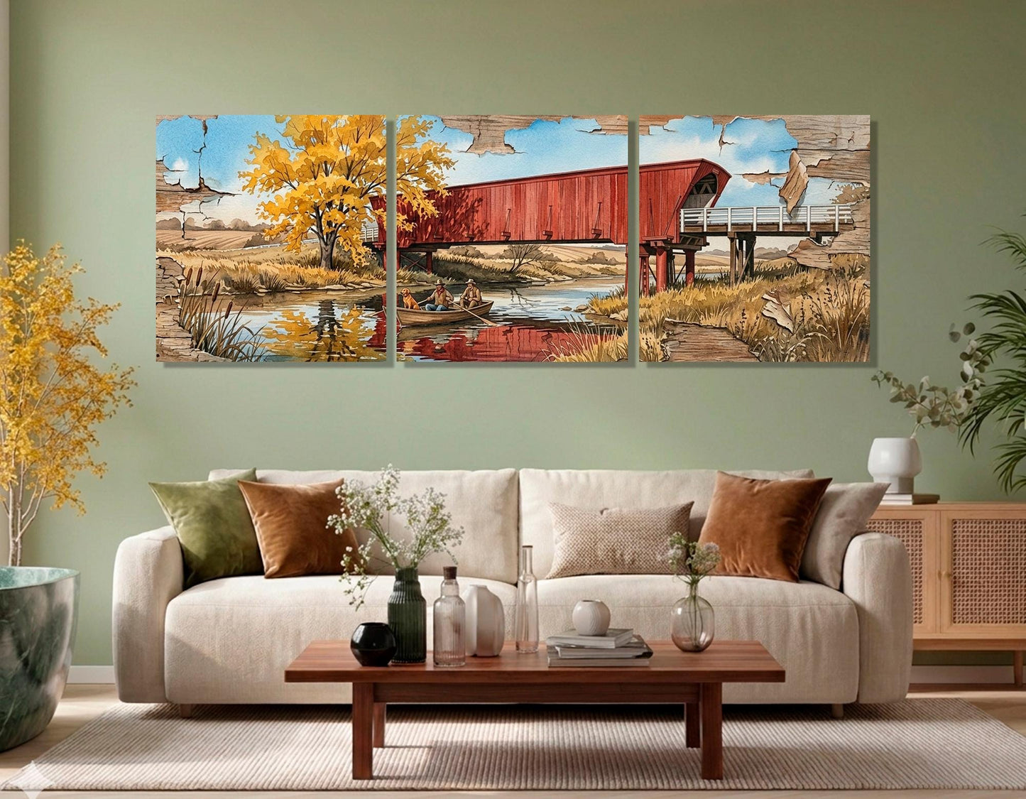 Roseman Bridge Canvas Print, Panoramic Covered Bridge Painting, Large River Wall Art, Framed and Ready to Hang