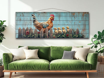 Rustic Wood Wall Art - Hen with Chicks Print on Natural Wood, Farmhouse Painting, Chicken Farm Decor, Chicken Coop Farmhouse Wall Decor