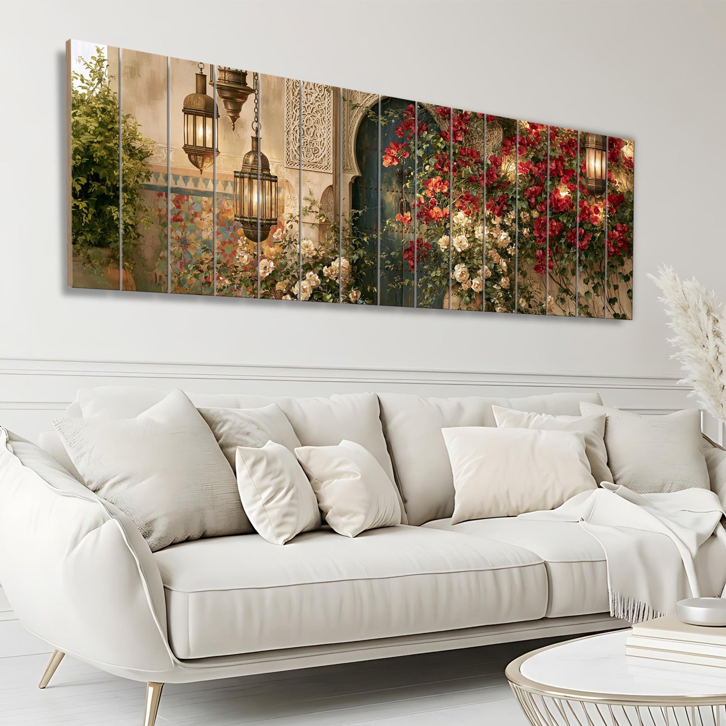 Moroccan Courtyard Canvas Print, Blue Door Wall Art, Floral Archway Painting, Islamic Architecture Canvas Decor