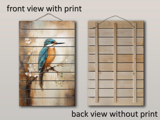 Vintage Kingfisher Wall Art – Rustic Wildlife Decor On Natural Wood Planks