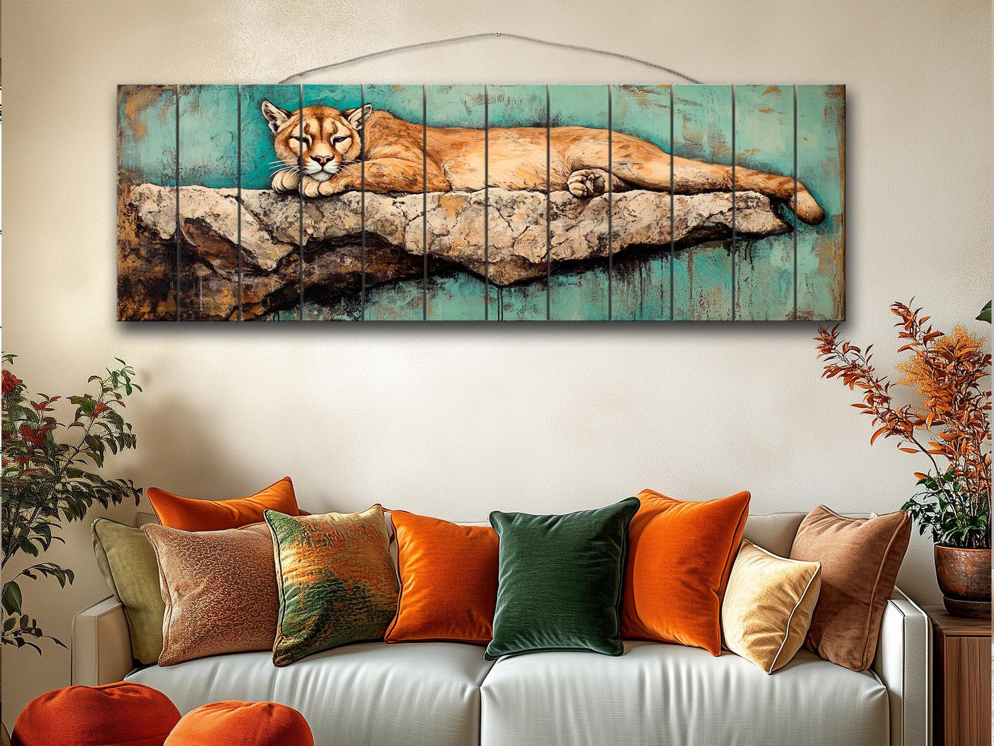 Rustic Wood Wall Art - Mountain Lion on a Rocky Ledge Print on Natural Wood, Lions Wall Art, Mountain Lion Painting, Forest Animals Prints