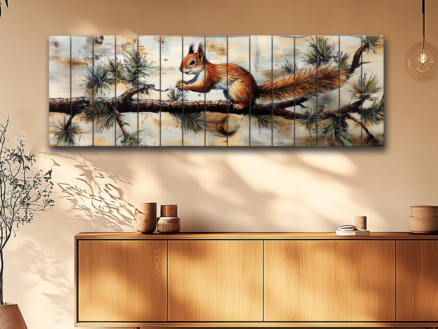 Rustic Wood Wall Art – Squirrel on Pine Branch | Natural Wood Print Decor