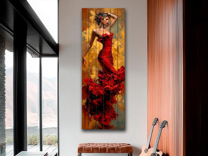 Elegant Woman in Red Dress Print on Wood – Lady in Red Oil Painting Style