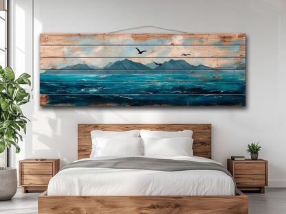 Scenic Wood Wall Art - Ocean with Mountains and Seagulls Painting Printed on Natural Wood, Nautical Wall Art, Rustic Sea Painting Print