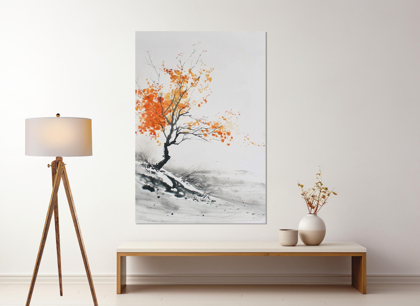 Minimalist Autumn Tree Painting – Japanese Wall Decor | Framed Canvas Art Ready to Hang
